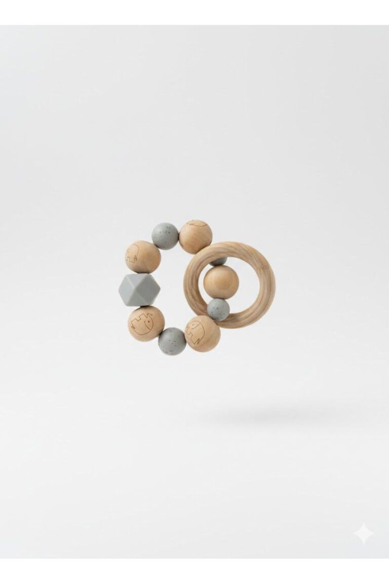 Ahşap Diş Kaşıyıcı Bebek Oyuncağı | Silikon Boncuklu Çıngırak | BPA Free Organik Dişlik