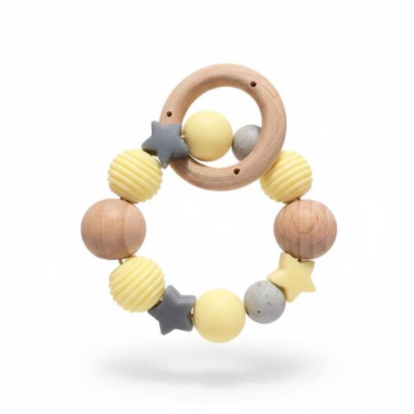 Ahşap Diş Kaşıyıcı Bebek Oyuncağı | Silikon Boncuklu Çıngırak | BPA Free Organik Dişlik