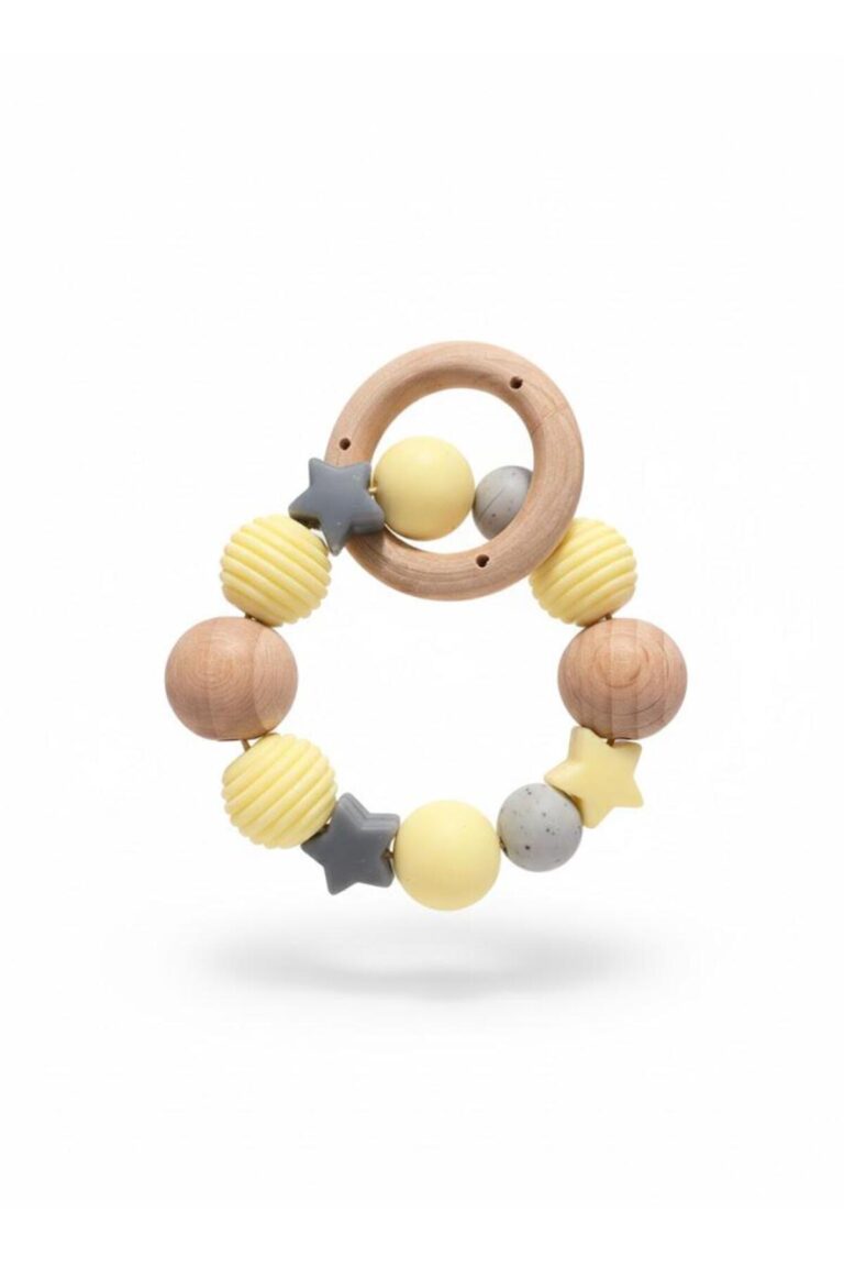 Ahşap Diş Kaşıyıcı Bebek Oyuncağı | Silikon Boncuklu Çıngırak | BPA Free Organik Dişlik